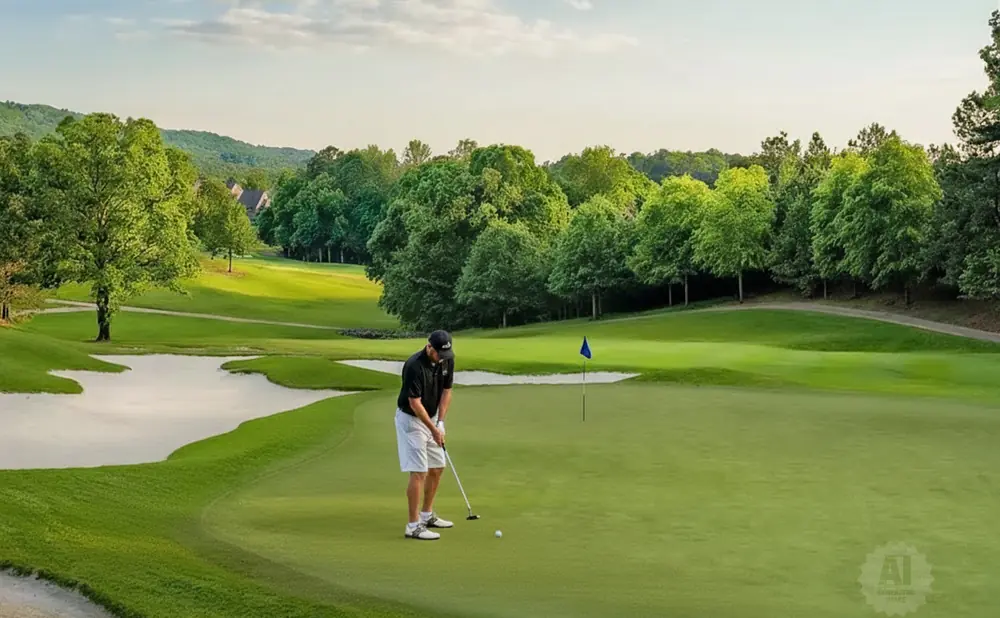 Golfer putting on a green course with sand traps and trees in the background.