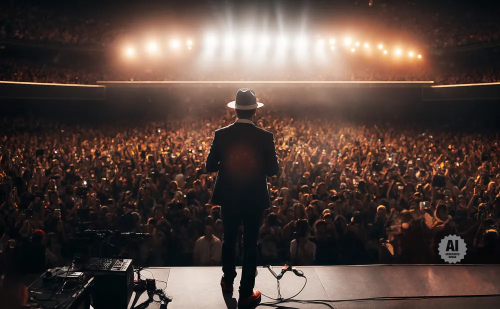 Man in a suit and hat on stage facing a large, cheering crowd under bright stage lights.