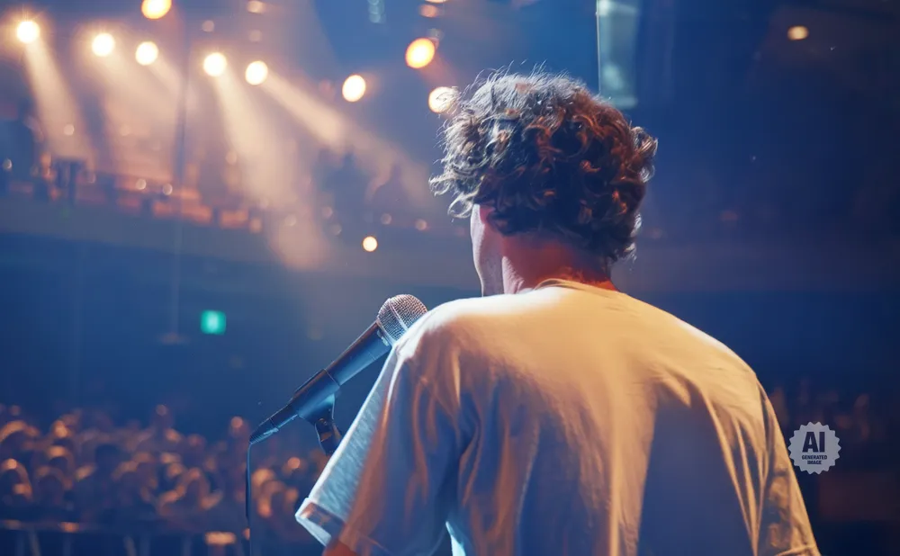 Man with curly hair stands on stage, facing away from camera, speaking into a microphone with an audience in the background.