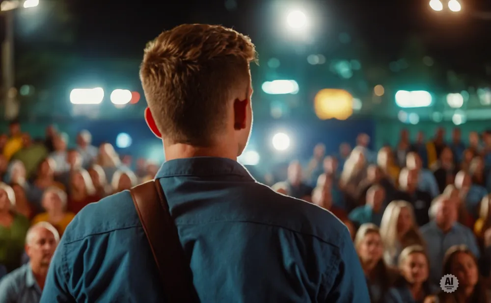 A man in a blue shirt stands on stage facing a blurred audience under bright lights.