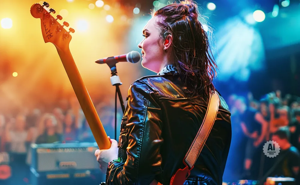 Guitarist on stage, back to camera, singing into microphone, bathed in stage lights.
