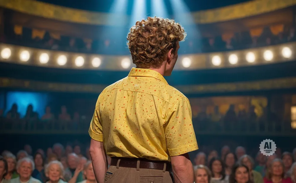 Man with curly blonde hair in a yellow patterned shirt faces away from the camera, on a stage before an audience.