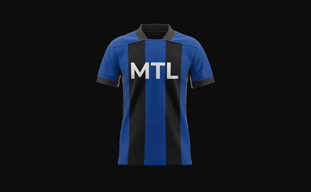 Soccer jersey with blue and black vertical stripes and 