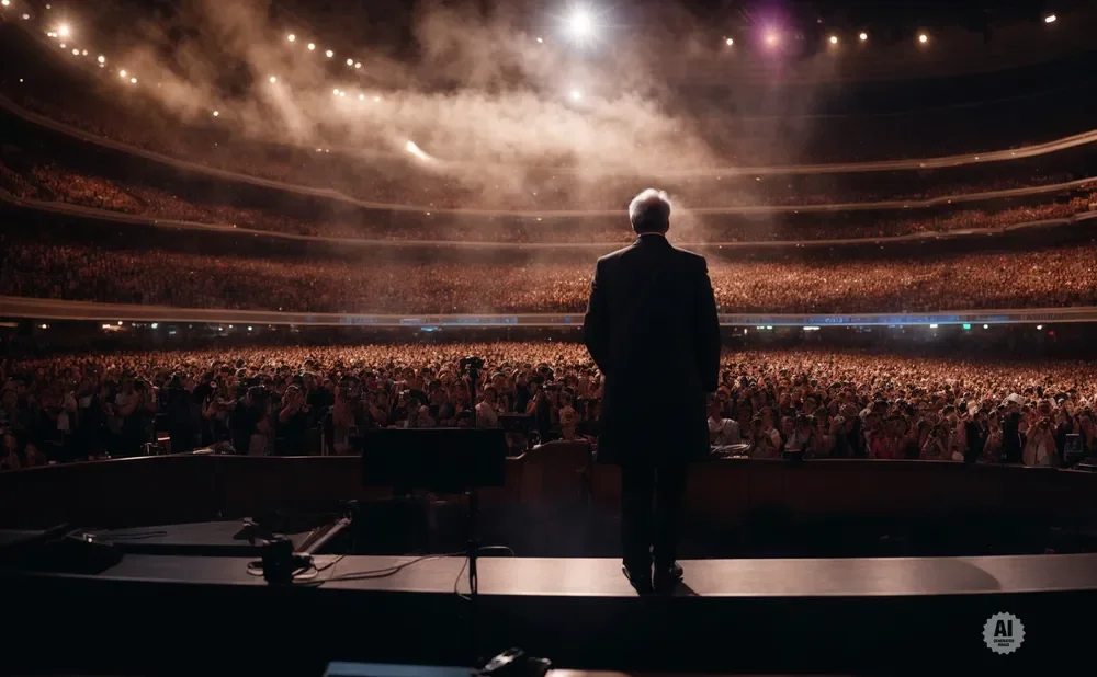 Man in a suit on stage addressing a large, cheering stadium crowd.