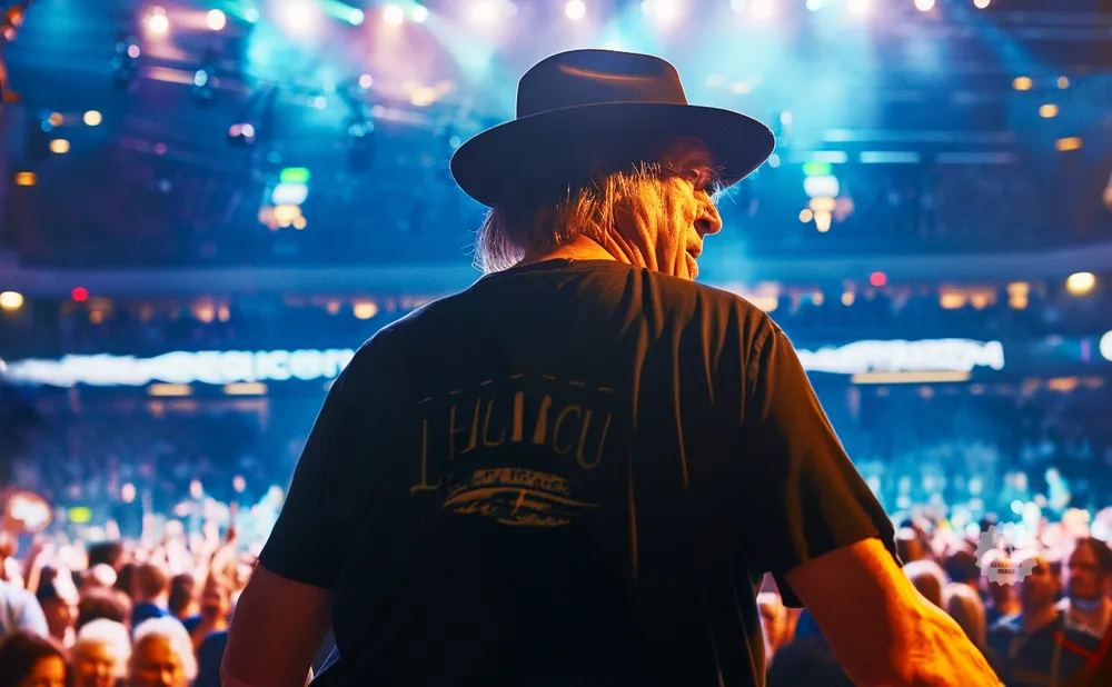 A man in a black hat and t-shirt stands on a stage, facing away from the camera, with a crowd and bright lights behind him.