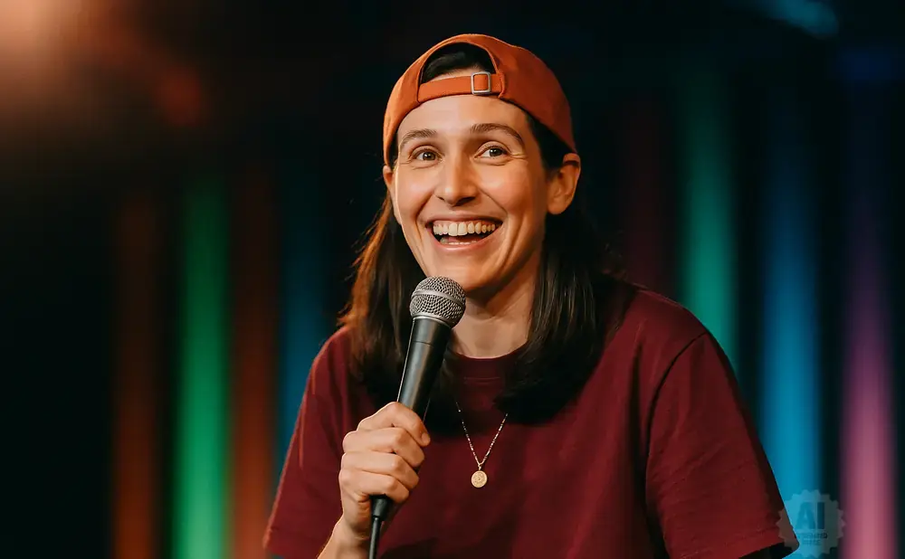 A comedian in a baseball cap and maroon shirt laughs while holding a microphone.
