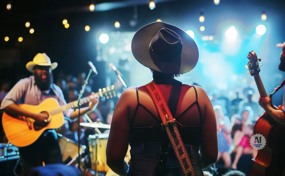 A band plays on a dimly lit stage with a banjo player, a bassist, and a singer wearing a wide-brimmed hat.