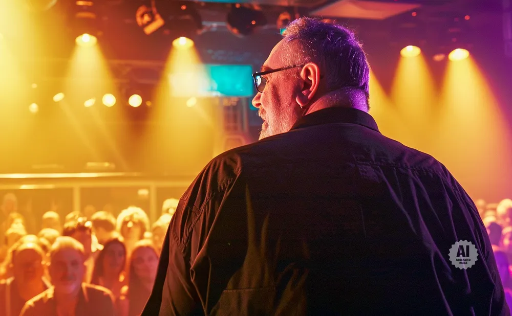 Man with beard and glasses facing away from camera on stage with audience and bright lights.