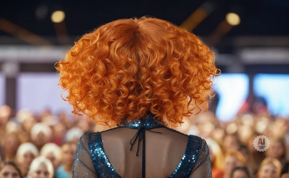 Back view of a woman with bright orange curly hair, wearing a sequined top, facing a blurred audience.