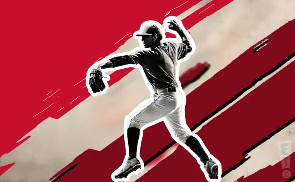 A baseball pitcher in mid-throw against a red and beige abstract background.