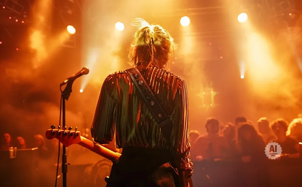 Guitarist on stage performing for a crowd with warm orange stage lights.