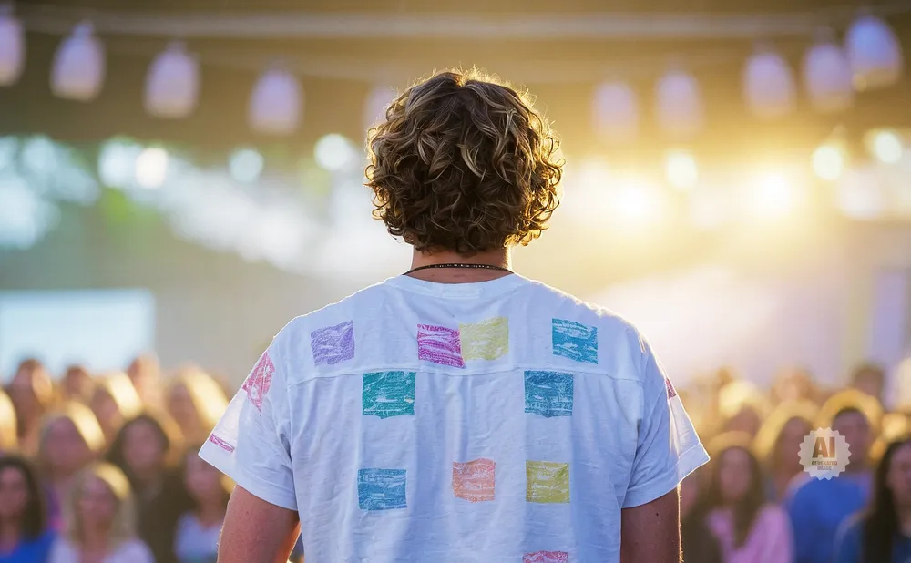 Back view of a person with curly hair wearing a white t-shirt with colorful square patterns, facing an audience.