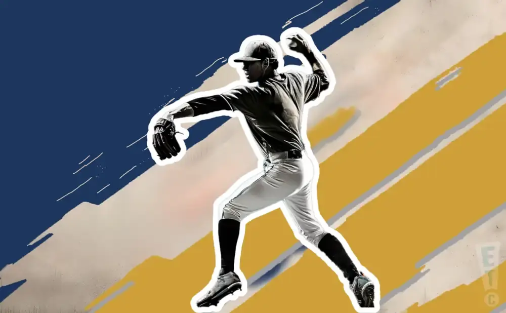 A baseball pitcher in mid-throw against a dynamic background of blue and yellow stripes.