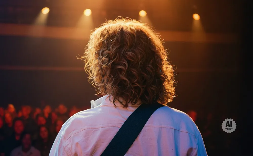 A musician with curly hair on stage, facing away from the camera, with an audience blurred in the background.