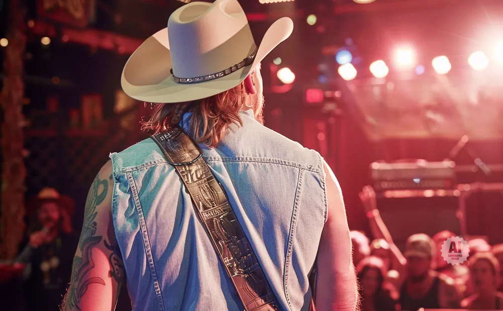 Musician in a cowboy hat and denim vest on stage with a crowd in the background.