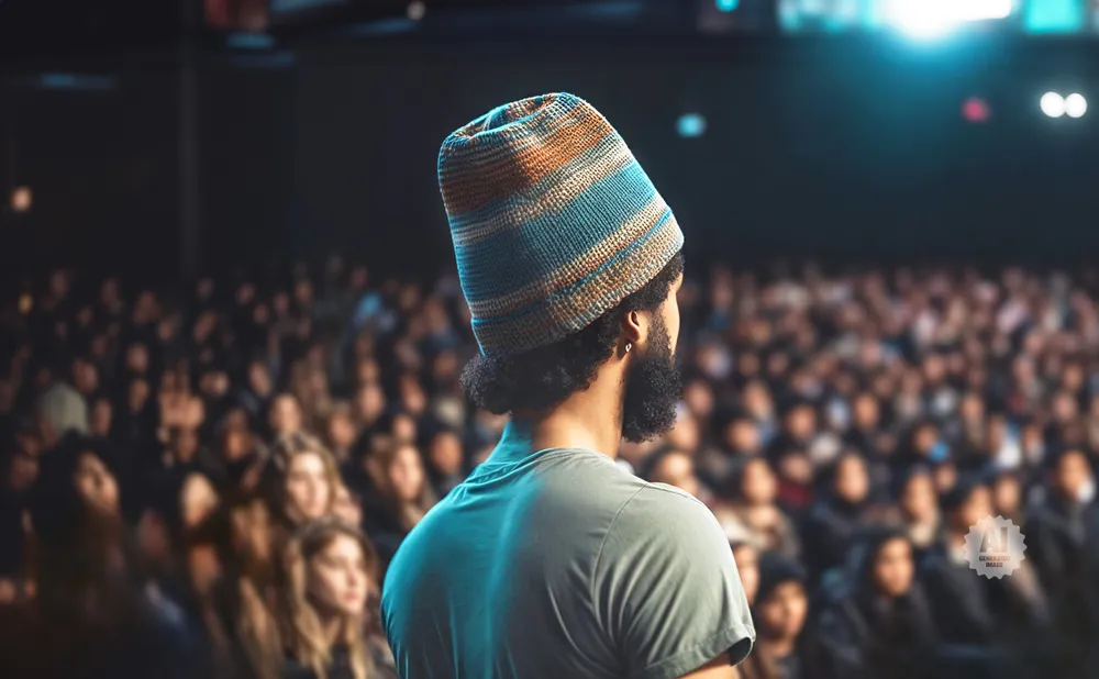 Man in a colorful beanie addresses a blurred audience from a stage.