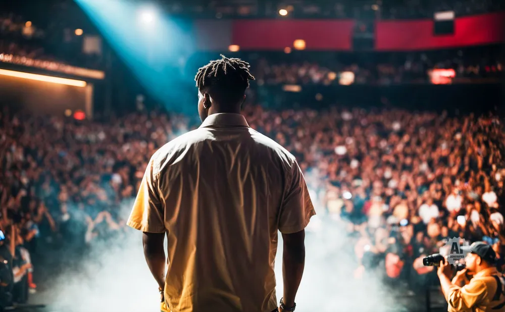 Back view of a man with dreadlocks in a yellow shirt on stage facing a cheering crowd.