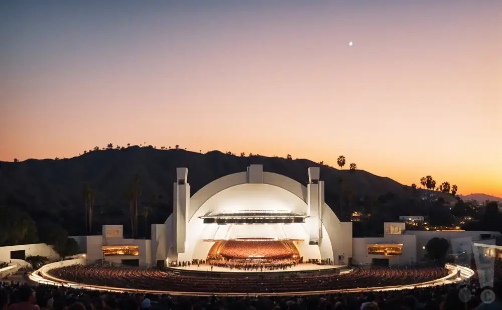 Hollywood Bowl amphitheater at sunset with a full audience and a visible moon.