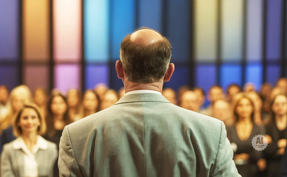 A man in a suit addresses a blurred audience with a colorful, vertical-striped background.