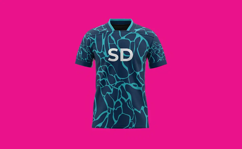 A navy blue t-shirt with a light blue abstract pattern and 