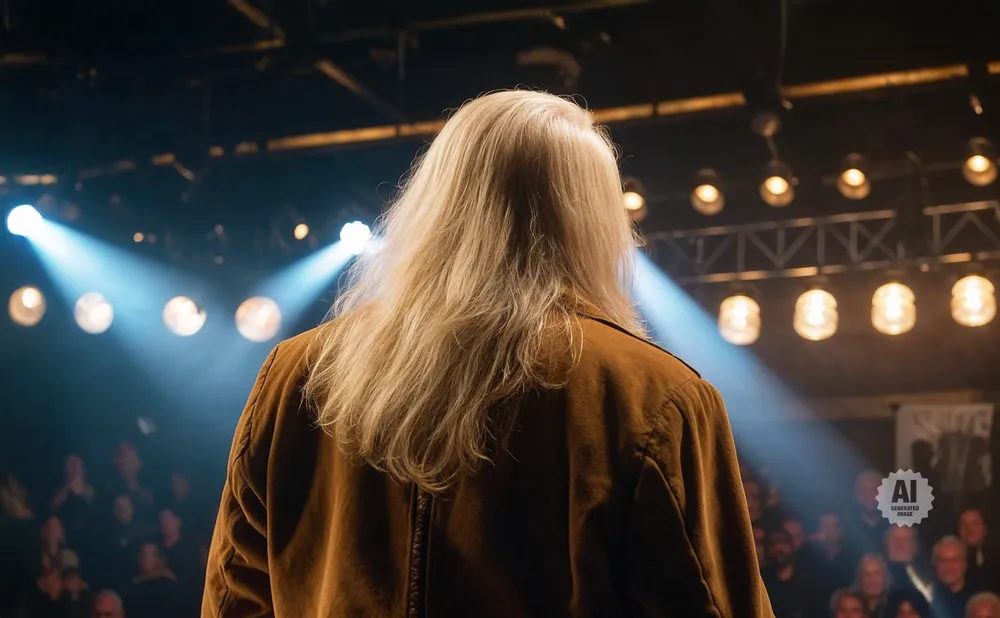 A person with long blonde hair stands with their back to the camera on a stage, facing a spotlight and an audience.