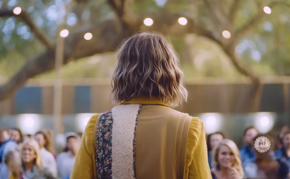 Person with wavy blonde hair facing an audience, wearing a yellow sweater and a tan vest with floral and furry accents.