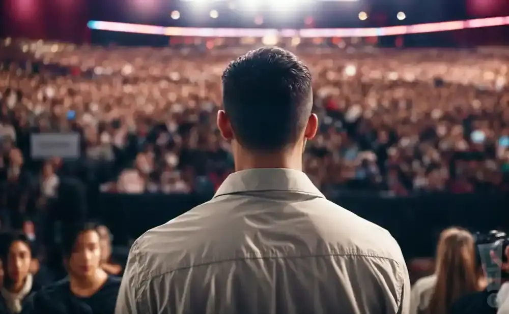 Man in a collared shirt faces a large, blurred audience.