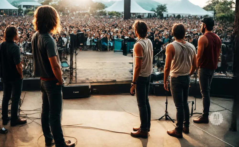 Band members stand on stage facing a large crowd at an outdoor concert.