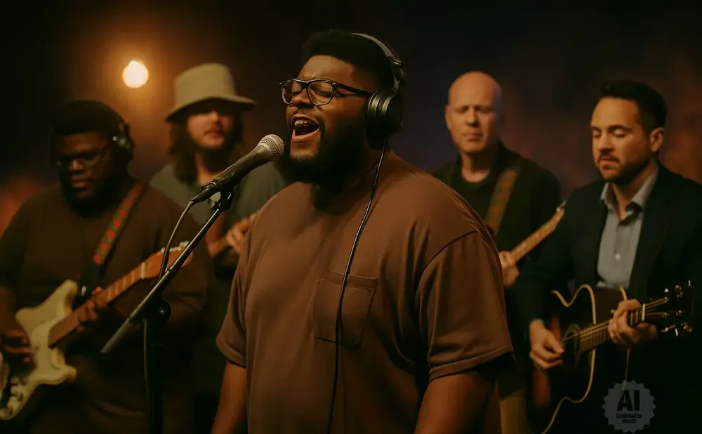 A lead singer with headphones sings into a microphone, backed by a band playing guitars.