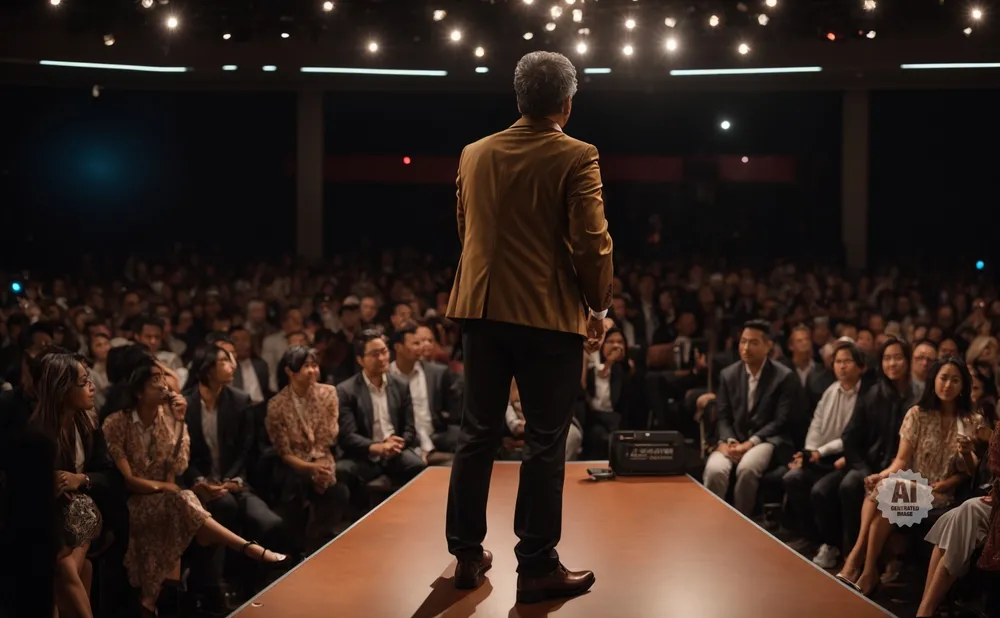 Man in a brown jacket addresses a large audience from a stage, with lights overhead.