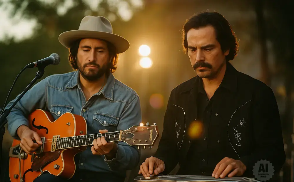Two men play music outdoors at sunset. One plays guitar, the other a lap steel guitar.