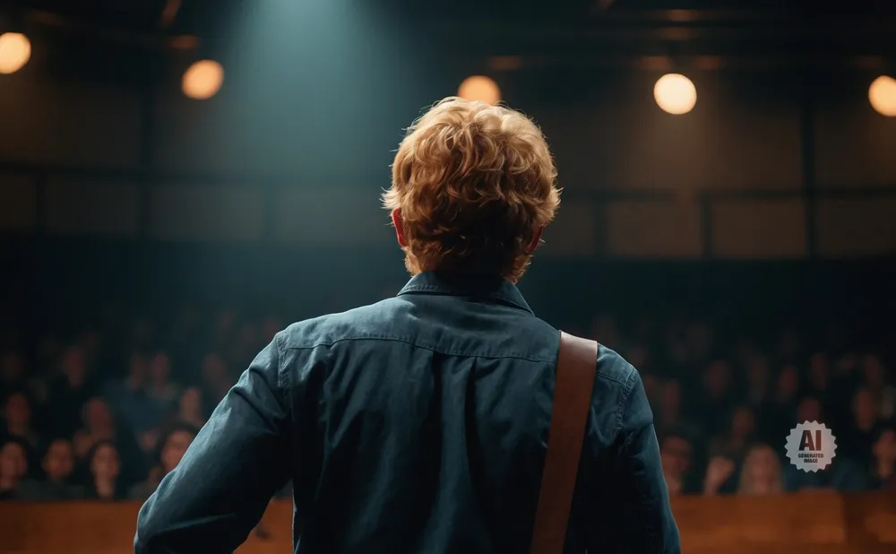 A musician with red hair on stage faces a cheering audience.