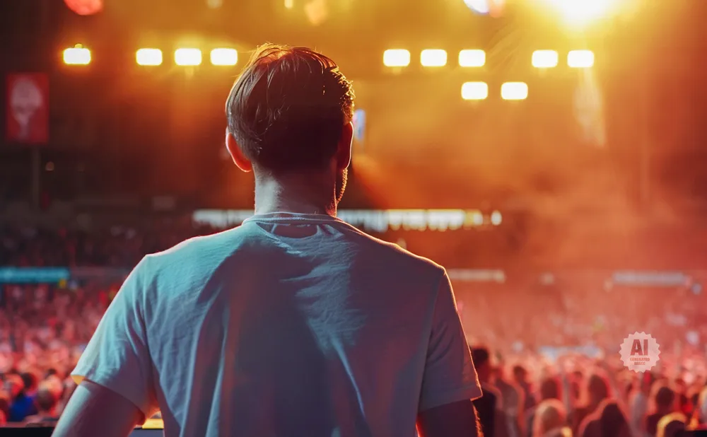 A person in a white shirt looks out at a cheering crowd bathed in warm stage lights.