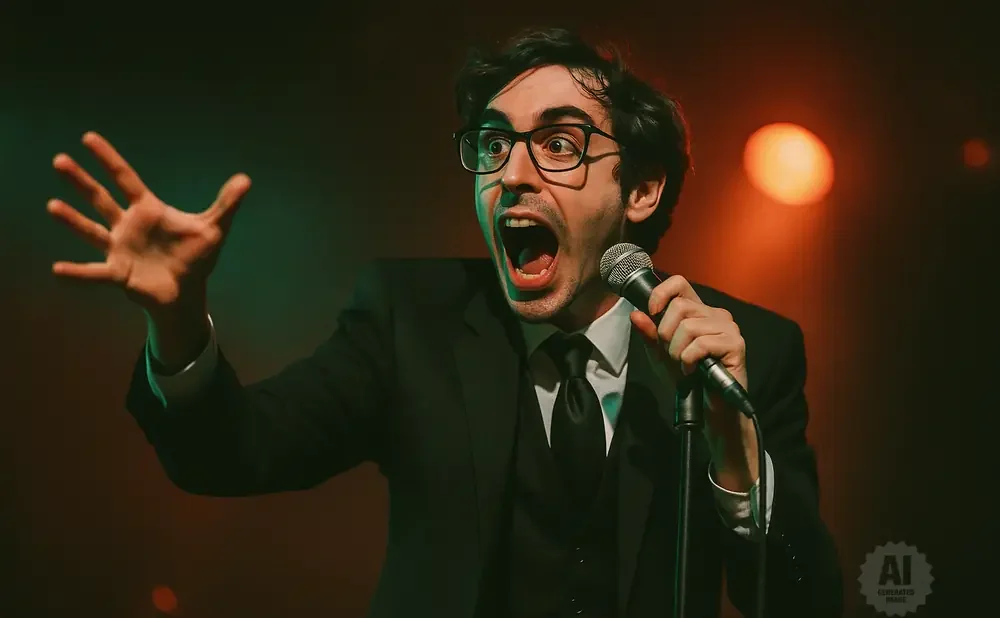 A man in a suit and glasses yells into a microphone with his hand raised.
