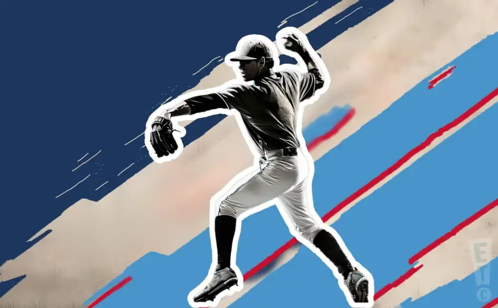 A baseball pitcher throws a ball against a blue and tan abstract background with red and white stripes.