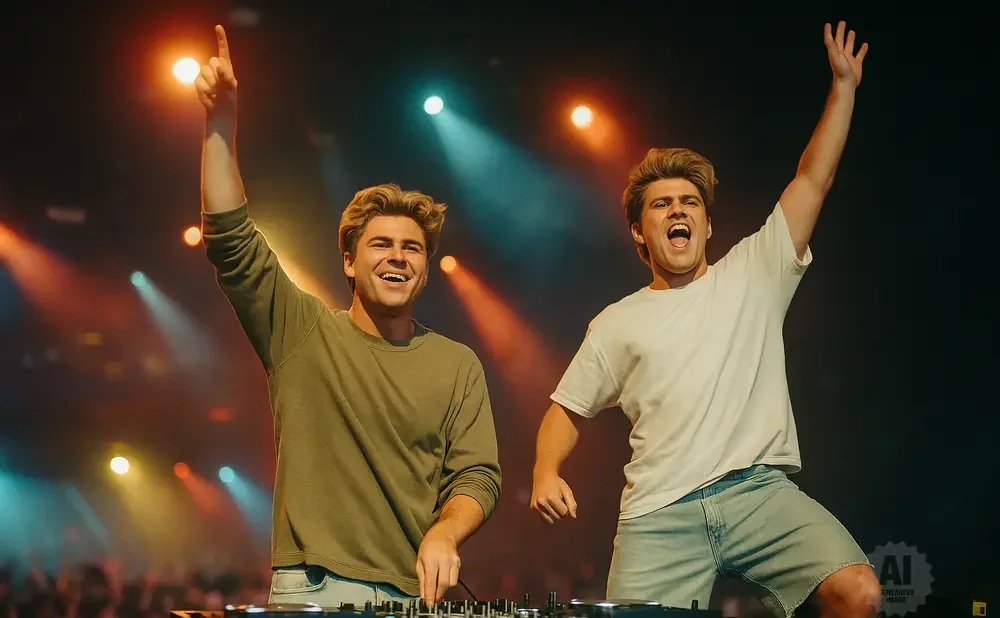 Two DJs with blonde hair enthusiastically perform on stage, bathed in colorful stage lights.