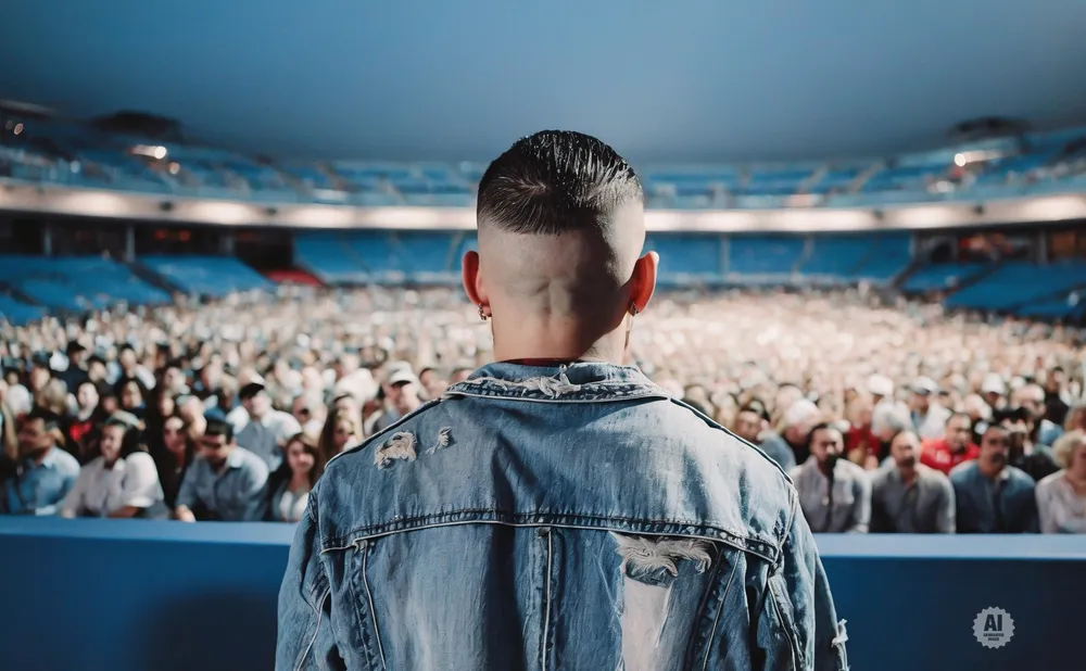 Man in a ripped denim jacket faces a cheering crowd in a stadium, from behind.
