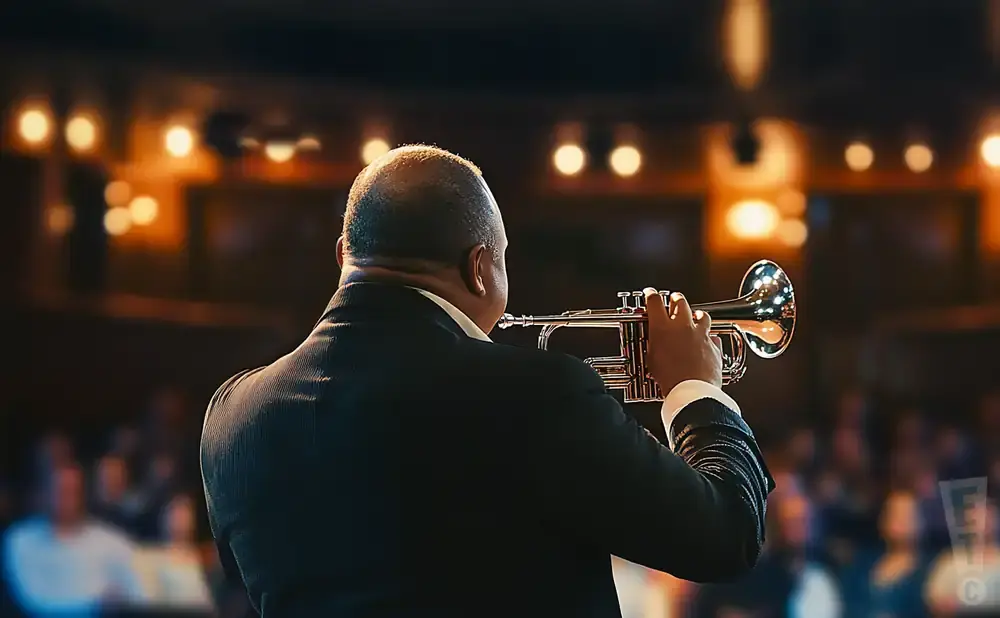 A man in a suit plays a trumpet on stage in front of a blurred audience.