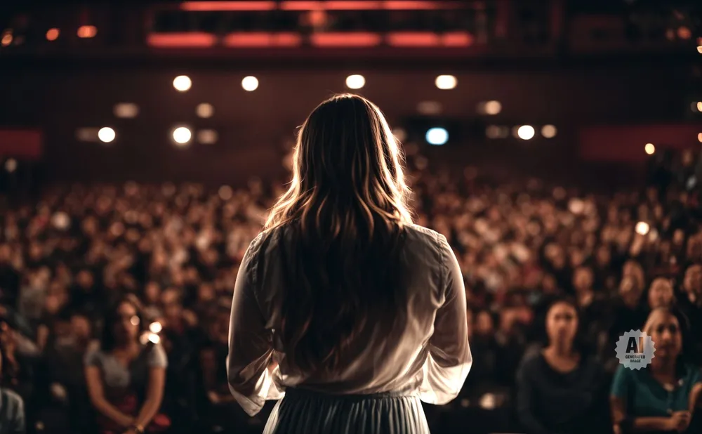 Woman on stage facing a large audience in a dimly lit auditorium.