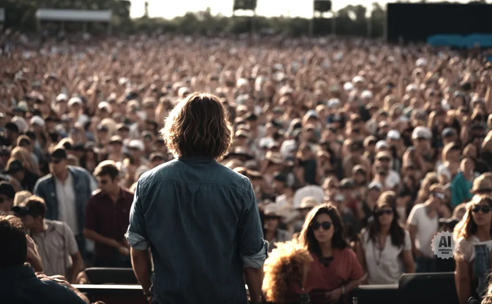 Man with long hair in denim shirt stands facing a large outdoor crowd at a concert.