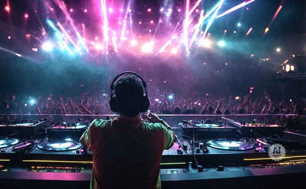 DJ in headphones plays to a cheering crowd at a vibrant, light-filled concert.