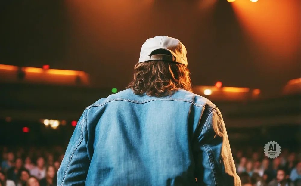 A person in a denim jacket and baseball cap stands on a stage, facing away from the camera, with a blurred audience in the background.