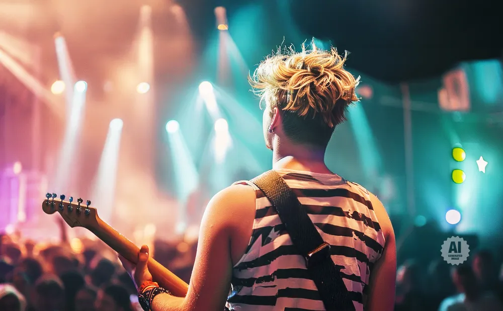 A guitarist with spiky blond hair plays on stage with colorful lights and a cheering crowd.
