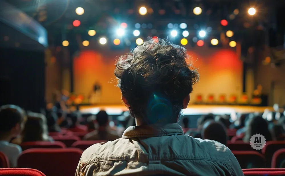 A person watches a performance from a seat in a theater, with stage lights in the background.