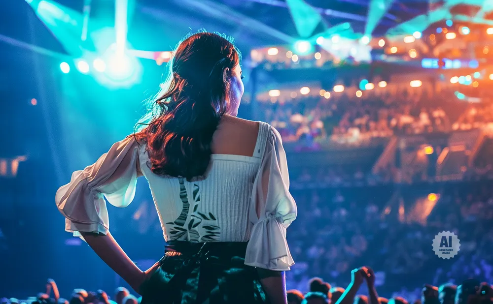A woman in a white dress faces away from the camera, looking out at a crowded concert venue with bright stage lights.