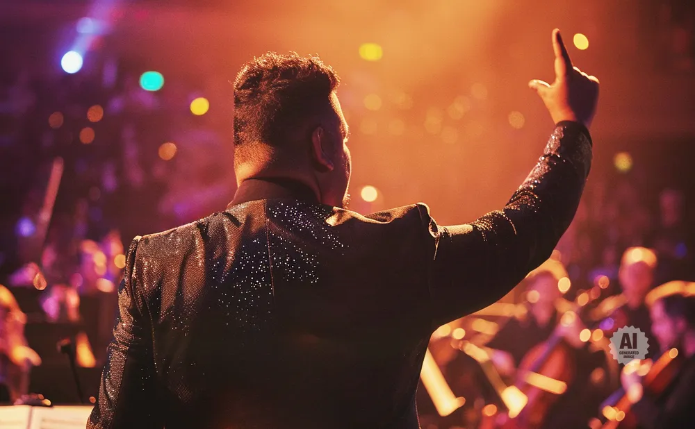 A conductor in a sparkly jacket raises his hand while leading an orchestra.