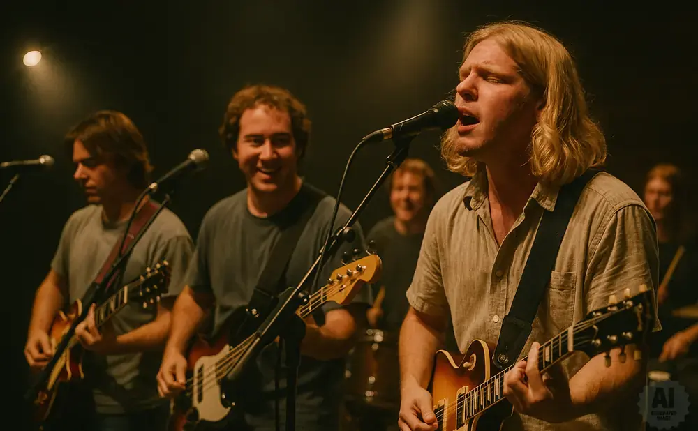 A band performs with a lead singer and guitarists in front of a dark background.
