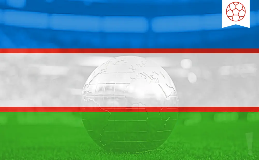 Uzbekistan flag with a glass globe and soccer ball icon.