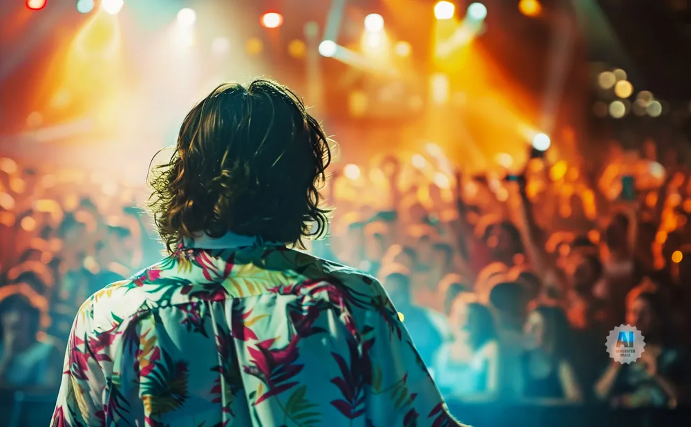 A person in a colorful shirt faces a cheering crowd at a concert, bathed in stage lights.