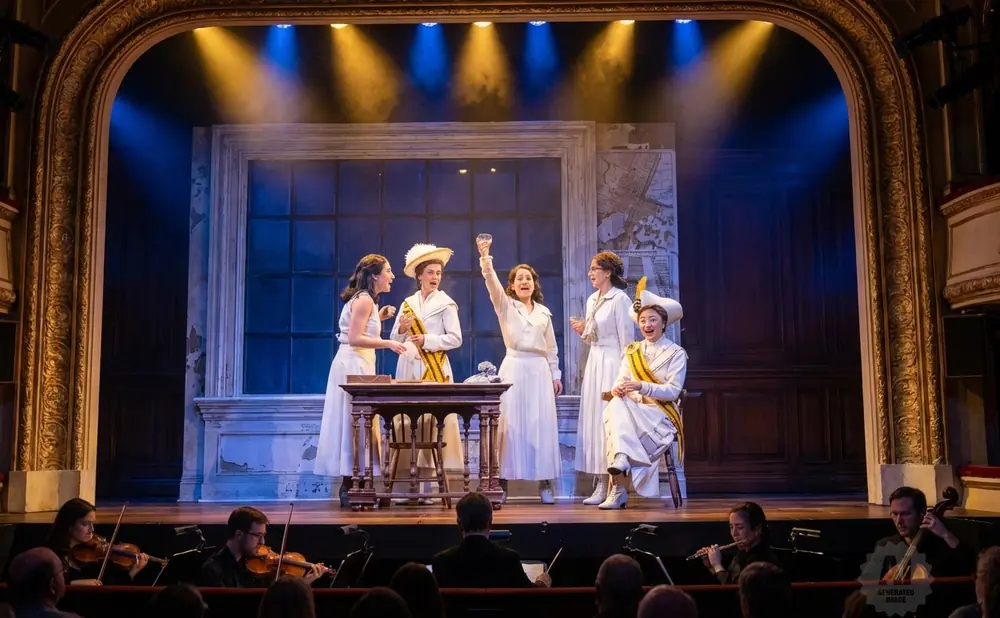 Five women in white dresses perform on stage with an orchestra below.